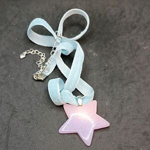 Pink Star Pendant Necklace with Light Blue Velvet Ribbon
